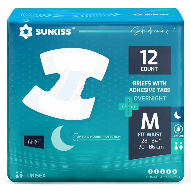 SUNKISS Adult Nappies with Ultimate Absorbency, Overnight Adult Diapers for Men and Women, Long-Lasting Dryness, Odor Control, Medium, 12 Count